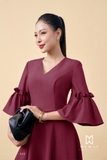 (2 màu) Đầm xòe dáng cổ V dài qua bắp