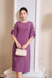 (2 màu) Đầm suông vừa dáng cổ tròn phối tay lỡ đính hạt trai