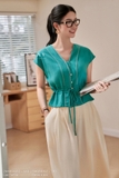 Áo Kiểu Cổ Tim Dài Ngang Hông Phối Dây Eo