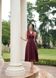 (2 màu) Đầm xòe cổ biến kiểu không tay đính cúc dài qua bắp