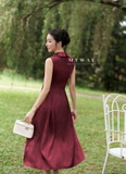 (2 màu) Đầm xòe cổ biến kiểu không tay đính cúc dài qua bắp