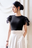 Áo cotton cổ tròn tay ngắn phối voan