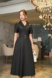 Đầm xòe cổ vest ngắn tay kèm đai lưng