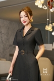 Đầm xòe cổ vest ngắn tay kèm đai lưng