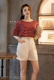(2 màu) Áo Cotton cổ tròn họa tiết kẻ ngang