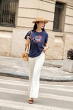(2 màu) Áo cotton ngắn tay dáng suông cổ tròn họa tiết hoa My Way