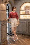 (2 màu) Áo Cotton cổ tròn họa tiết kẻ ngang
