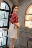 (2 màu) Áo Cotton cổ tròn họa tiết kẻ ngang