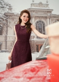 Đầm tiệc A dạ tweed cổ tròn