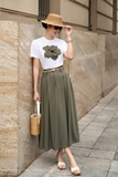 (5 màu) Áo cotton dáng cổ tròn phối hoa 3D