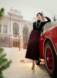 Chân váy xòe dạ tweed cạp cao