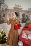 Đầm xòe dập ly cổ sen dạ tweed