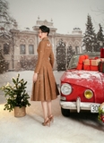 Đầm xòe dập ly cổ sen dạ tweed