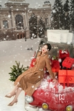 Đầm xòe dập ly cổ sen dạ tweed