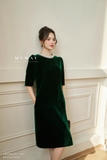 Đầm suông Nhung tay lỡ cổ đính ngọc