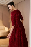 (2 màu) Đầm tiệc Taffeta họa tiết hoa hồng