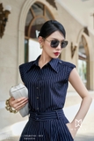 Quần ống đứng cạp cao họa tiết kẻ sọc