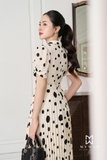 Đầm xòe cổ vest họa tiết chấm bi
