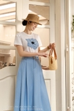 (5 màu) Áo cotton dáng cổ tròn phối hoa 3D