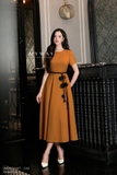 Đầm xòe Gabadine ngắn tay đai hoa