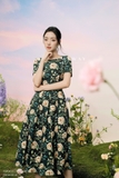 Đầm xòe xếp ly ngắn tay hoa hồng