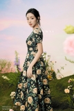 Đầm xòe xếp ly ngắn tay hoa hồng
