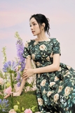 Đầm xòe xếp ly ngắn tay hoa hồng