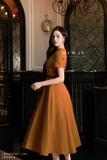 Đầm xòe Gabadine ngắn tay đai hoa