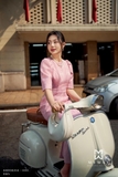 Đầm dự tiệc gấm tay lỡ tông hồng phấn