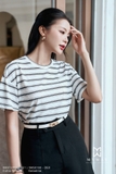 (2 màu) Áo thun cotton cổ tròn họa tiết kẻ