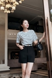 (2 màu) Áo thun cotton cổ tròn họa tiết kẻ