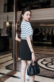 (2 màu) Áo thun cotton cổ tròn họa tiết kẻ