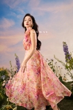 Đầm maxi Tơ lệch vai họa tiết hoa 3D