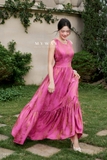 (2 màu) Đầm maxi cổ tròn phối tầng đan chéo lưng