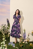 Đầm xoè cổ vest ngắn tay hoạ tiết hoa hồng