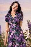 Đầm xoè cổ vest ngắn tay hoạ tiết hoa hồng
