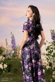 Đầm xoè cổ vest ngắn tay hoạ tiết hoa hồng