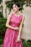 (2 màu) Đầm maxi cổ tròn phối tầng đan chéo lưng