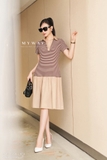Đầm ôm cổ Đức kẻ ngang