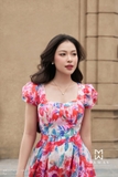 Đầm maxi hoa Tơ cổ vuông ngắn tay