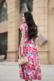 Đầm maxi hoa Tơ cổ vuông ngắn tay