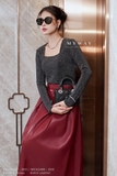 (2 màu) Chân váy xoè xếp ly simili leather cạp cao