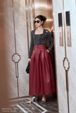 (2 màu) Chân váy xoè xếp ly simili leather cạp cao