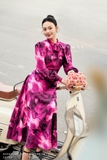 Chân váy xoè rủ hoạ tiết hoa tím Chiffon