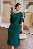 (2 màu) Đầm suông vừa dáng cổ tròn phối tay lỡ đính hạt trai