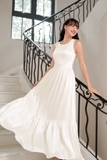 (2 màu) Đầm maxi cổ tròn phối tầng đan chéo lưng