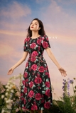 Đầm xoè midi ngắn tay hoạ tiết hoa hồng