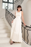 (2 màu) Đầm maxi cổ tròn phối tầng đan chéo lưng