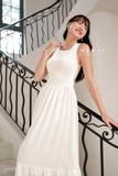 (2 màu) Đầm maxi cổ tròn phối tầng đan chéo lưng