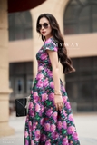 Đầm xòe hoa tay ngắn xếp ly